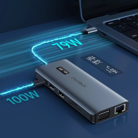 Choetech HUB wielofunkcyjny z wyświetlaczem 12w1 USB-C do 1xUSB-C/4xUSB-A/2xHDMI/1xVGA/1xAUX/czytnik kart pamięci szary (HUB-M26 Choetech HUB wielofunkcyjny z wyświetlaczem 12w1 USB-C do 1xUSB-C/4xUSB-A/2xHDMI/1xVGA/1xAUX/czytnik kart pamięci szary (HUB-M26