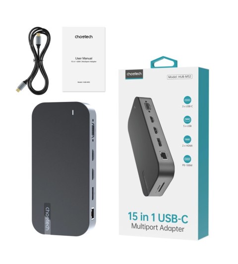 HUB Choetech M52 USB-C - USB-C PD/USB-C/USB-A/HDMI/VGA/DP/SD/TF/RJ45/AUX - szary HUB Choetech M52 USB-C - USB-C PD/USB-C/USB-A/HDMI/VGA/DP/SD/TF/RJ45/AUX - szary