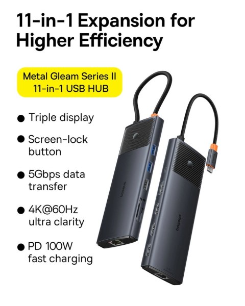 HUB USB 11w1 Baseus Metal Gleam Series II USB-A/USB-C PD/HDMI/DP/RJ45/SD/TF - czarny HUB USB 11w1 Baseus Metal Gleam Series II USB-A/USB-C PD/HDMI/DP/RJ45/SD/TF - czarny