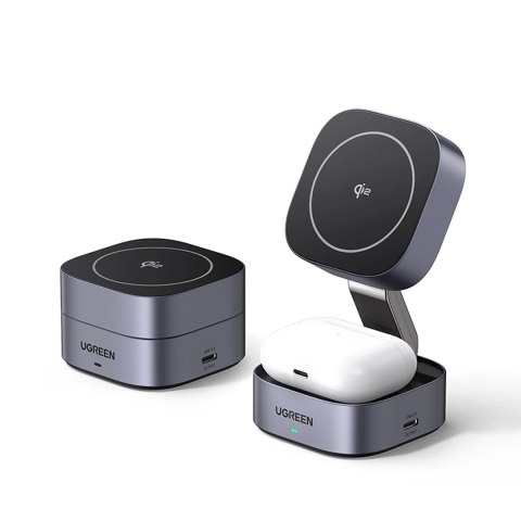 Ładowarka Ugreen W702 indukcyjna 3w1 z MagSafe / Qi2 i portem USB-C na telefon / słuchawki - czarna Ładowarka Ugreen W702 indukcyjna 3w1 z MagSafe / Qi2 i portem USB-C na telefon / słuchawki - czarna