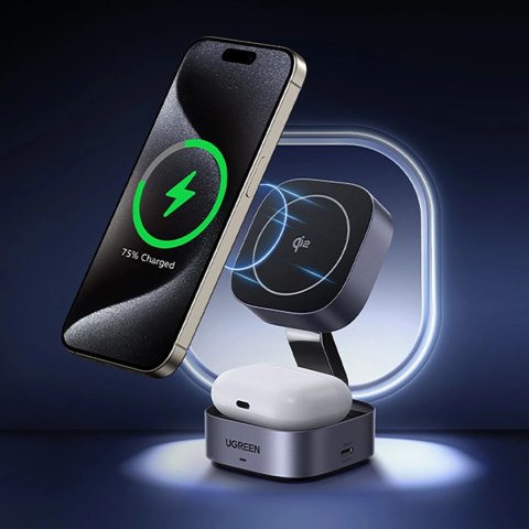 Ładowarka Ugreen W702 indukcyjna 3w1 z MagSafe / Qi2 i portem USB-C na telefon / słuchawki - czarna Ładowarka Ugreen W702 indukcyjna 3w1 z MagSafe / Qi2 i portem USB-C na telefon / słuchawki - czarna
