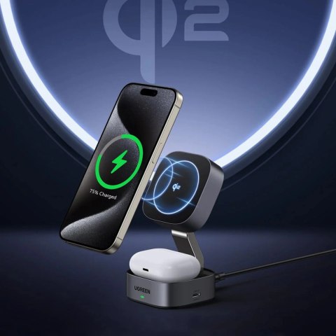 Ładowarka Ugreen W702 indukcyjna 3w1 z MagSafe / Qi2 i portem USB-C na telefon / słuchawki - czarna Ładowarka Ugreen W702 indukcyjna 3w1 z MagSafe / Qi2 i portem USB-C na telefon / słuchawki - czarna
