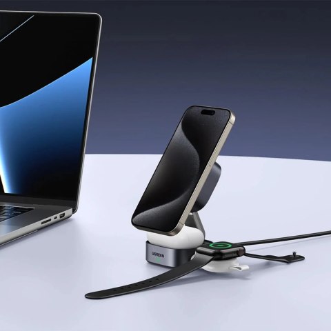 Ładowarka Ugreen W702 indukcyjna 3w1 z MagSafe / Qi2 i portem USB-C na telefon / słuchawki - czarna Ładowarka Ugreen W702 indukcyjna 3w1 z MagSafe / Qi2 i portem USB-C na telefon / słuchawki - czarna