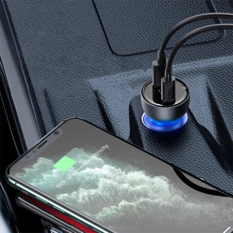 Baseus ładowarka samochodowa USB / USB Typ C 65 W 5 A SCP Quick Charge 4.0+ Power Delivery 3.0 ekran LCD szary (CCKX-C0G) Baseus ładowarka samochodowa USB / USB Typ C 65 W 5 A SCP Quick Charge 4.0+ Power Delivery 3.0 ekran LCD szary (CCKX-C0G)