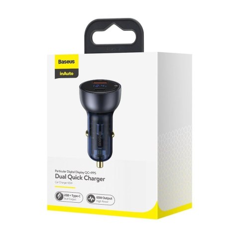 Baseus ładowarka samochodowa USB / USB Typ C 65 W 5 A SCP Quick Charge 4.0+ Power Delivery 3.0 ekran LCD szary (CCKX-C0G) Baseus ładowarka samochodowa USB / USB Typ C 65 W 5 A SCP Quick Charge 4.0+ Power Delivery 3.0 ekran LCD szary (CCKX-C0G)