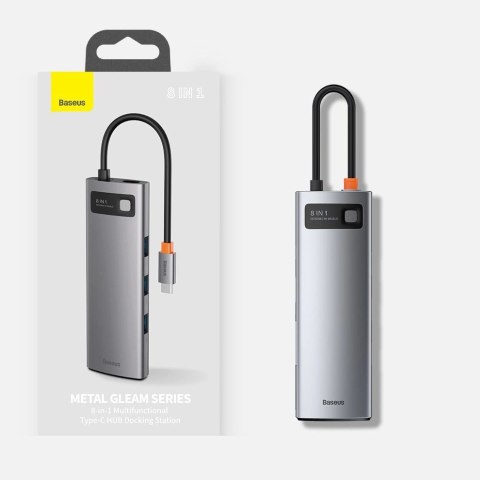 HUB Baseus Metal Gleam 8w1 USB-C - USB-C PD 100W 1x HDMI 4K 30Hz 1x czytnik kart SD i microSD 3x USB-A 3.2 1xRJ45 - szary HUB Baseus Metal Gleam 8w1 USB-C - USB-C PD 100W 1x HDMI 4K 30Hz 1x czytnik kart SD i microSD 3x USB-A 3.2 1xRJ45 - szary