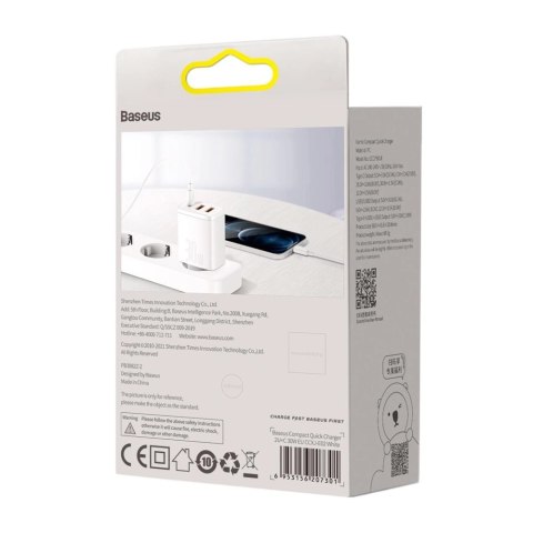 Baseus Compact szybka ładowarka sieciowa 2x USB / USB Typ C 30W 3A Power Delivery Quick Charge biały (CCXJ-E02) Baseus Compact szybka ładowarka sieciowa 2x USB / USB Typ C 30W 3A Power Delivery Quick Charge biały (CCXJ-E02)
