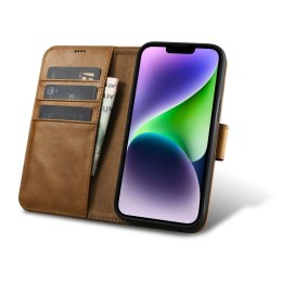 ICarer Oil Wax Wallet Case 2in1 etui iPhone 14 skórzany pokrowiec z klapką Anti-RFID brązowy (WMI14220721-TN)