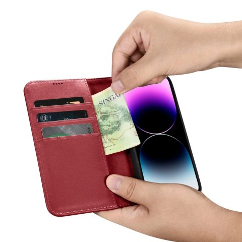ICarer Wallet Case 2in1 etui iPhone 14 Pro skórzany pokrowiec z klapką Anti-RFID czerwony (WMI14220726-RD) ICarer Wallet Case 2in1 etui iPhone 14 Pro skórzany pokrowiec z klapką Anti-RFID czerwony (WMI14220726-RD)