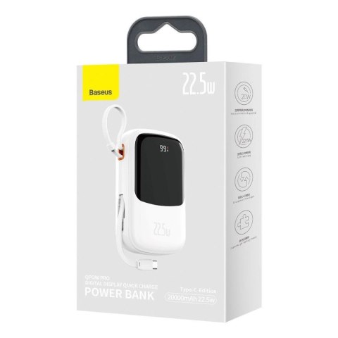 Baseus Qpow Digital Display powerbank z szybkim ładowaniem 20000mAh 22,5W QC/PD/SCP/FCP z wbudowanym kablem USB-C biały Baseus Qpow Digital Display powerbank z szybkim ładowaniem 20000mAh 22,5W QC/PD/SCP/FCP z wbudowanym kablem USB-C biały