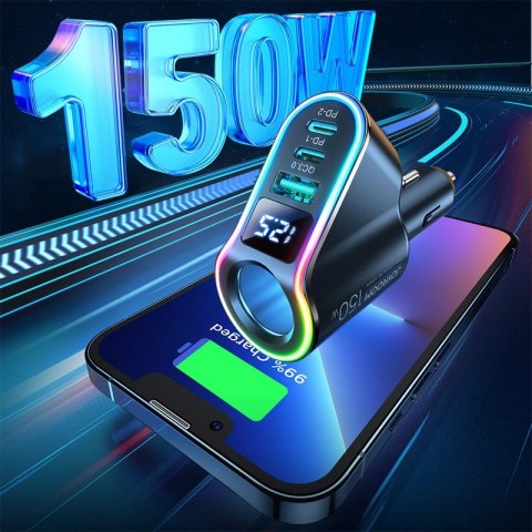 Joyroom szybka ładowarka samochodowa 4w1 USB-A QC3.0 / 2xUSB-C PD 150W czarna (JR-CL21) Joyroom szybka ładowarka samochodowa 4w1 USB-A QC3.0 / 2xUSB-C PD 150W czarna (JR-CL21)