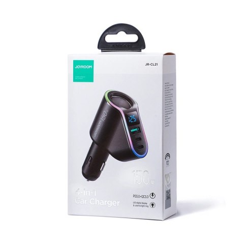 Joyroom szybka ładowarka samochodowa 4w1 USB-A QC3.0 / 2xUSB-C PD 150W czarna (JR-CL21) Joyroom szybka ładowarka samochodowa 4w1 USB-A QC3.0 / 2xUSB-C PD 150W czarna (JR-CL21)