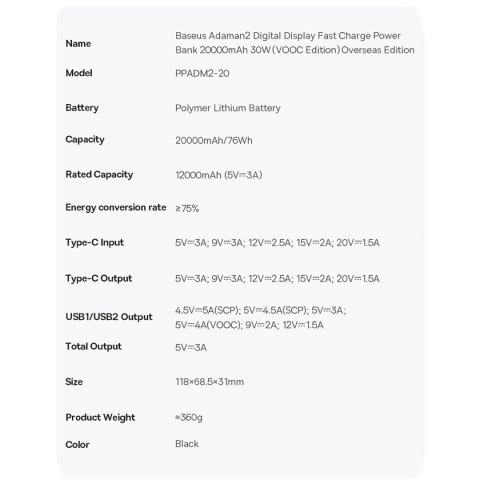 Powerbank Baseus Adaman2 20000mAh 30W 2x USB-A / USB-C PD / QC / SCP / Oppo Super VOOC - czarny Powerbank Baseus Adaman2 20000mAh 30W 2x USB-A / USB-C PD / QC / SCP / Oppo Super VOOC - czarny