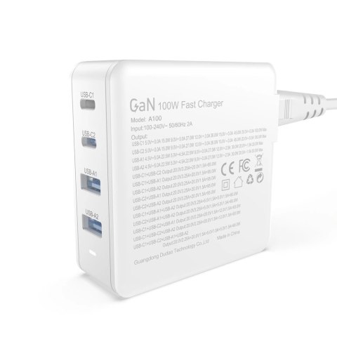 Szybka ładowarka sieciowa GaN 100W 2 x USB-C / 2 x USB Dudao A100EU - biała Szybka ładowarka sieciowa GaN 100W 2 x USB-C / 2 x USB Dudao A100EU - biała