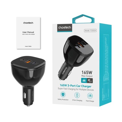 Ładowarka Choetech TC0024 samochodowa 160W 2x USB-C PD 3.1 1x USB-A - czarna Ładowarka Choetech TC0024 samochodowa 160W 2x USB-C PD 3.1 1x USB-A - czarna