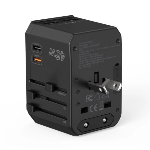 Ładowarka podróżna GaN Choetech PD6045 USB-C USB-A 45W z wtyczkami USA EU UK AU - czarna Ładowarka podróżna GaN Choetech PD6045 USB-C USB-A 45W z wtyczkami USA EU UK AU - czarna