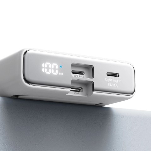 Powerbank Joyroom JR-PBM01 magnetyczny 10000mAh 20W z podstawką + kabel Lightning - USB-C - biały Powerbank Joyroom JR-PBM01 magnetyczny 10000mAh 20W z podstawką + kabel Lightning - USB-C - biały