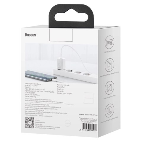 Szybka ładowarka sieciowa Baseus Si USB-C 25W 3A z kablem USB-C / USB-C 1m - biały Szybka ładowarka sieciowa Baseus Si USB-C 25W 3A z kablem USB-C / USB-C 1m - biały