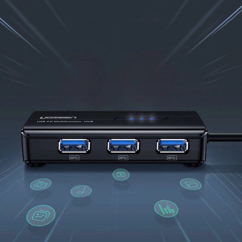 Adapter sieciowy Ugreen 20265 USB-A / RJ45 1000 Mbps HUB 3x USB 3.0 - czarny Adapter sieciowy Ugreen 20265 USB-A / RJ45 1000 Mbps HUB 3x USB 3.0 - czarny