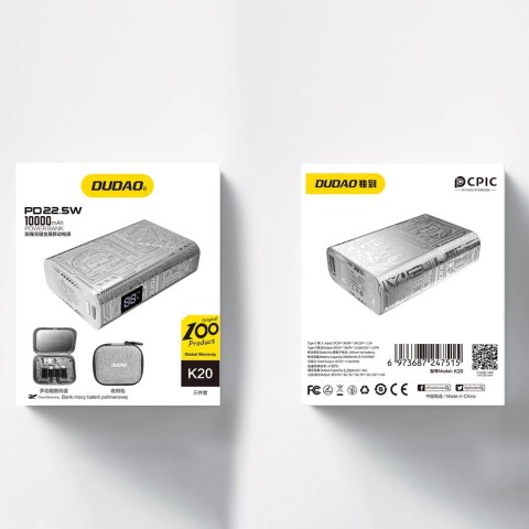 Powerbank Dudao K20 USB-A / USB-C 10000mAh 22.5W - srebrny Powerbank Dudao K20 USB-A / USB-C 10000mAh 22.5W - srebrny