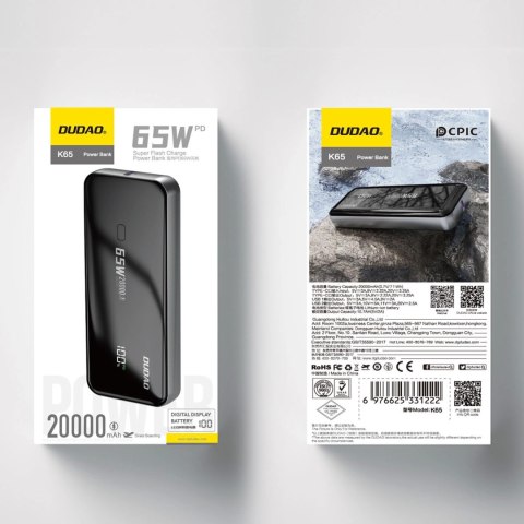 Powerbank Dudao K65 20000mAh 65W 1x USB-C 2x USB-A z wyświetlaczem - czarny Powerbank Dudao K65 20000mAh 65W 1x USB-C 2x USB-A z wyświetlaczem - czarny