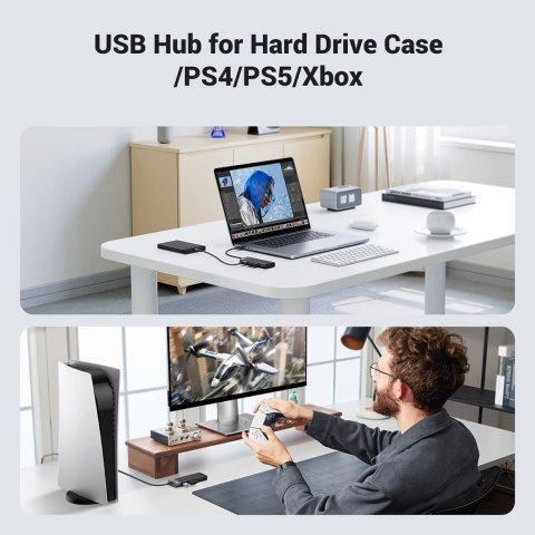 HUB Ugreen CM653 z 4 portami USB-A i kablem zasilającym USB-A - czarny HUB Ugreen CM653 z 4 portami USB-A i kablem zasilającym USB-A - czarny