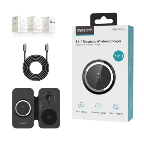 Ładowarka Choetech T616-F indukcyjna 3w1 kompatybilna z urządzeniami Apple i Samsung - czarna Ładowarka Choetech T616-F indukcyjna 3w1 kompatybilna z urządzeniami Apple i Samsung - czarna