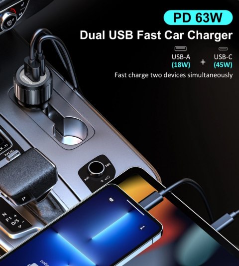 Ładowarka samochodowa Choetech TC0010 USB-C USB-A PD 63W - czarna Ładowarka samochodowa Choetech TC0010 USB-C USB-A PD 63W - czarna