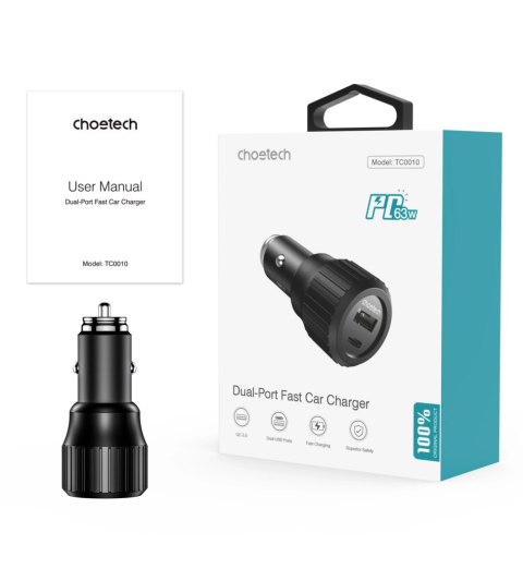 Ładowarka samochodowa Choetech TC0010 USB-C USB-A PD 63W - czarna Ładowarka samochodowa Choetech TC0010 USB-C USB-A PD 63W - czarna