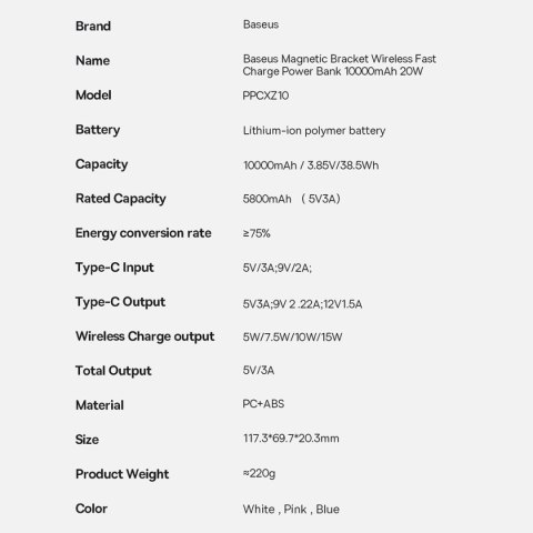 Powerbank Baseus Magnetic Bracket 10000mAh 20W z MagSafe - różowy + kabel USB-C 60W 0.5m Powerbank Baseus Magnetic Bracket 10000mAh 20W z MagSafe - różowy + kabel USB-C 60W 0.5m