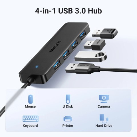 HUB Ugreen CM219 25851 z 4 portami USB-A 3.0 i kablem USB-A 3.0 15cm - czarny HUB Ugreen CM219 25851 z 4 portami USB-A 3.0 i kablem USB-A 3.0 15cm - czarny