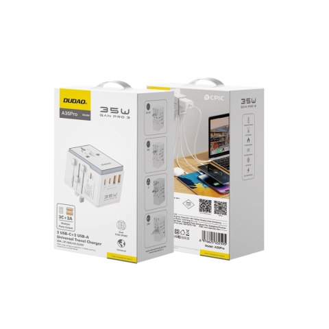 Adapter podróżny Dudao A35Pro 35W EU / UK / AUS / US / JP 3x USB-C 2x USB-A - biały Adapter podróżny Dudao A35Pro 35W EU / UK / AUS / US / JP 3x USB-C 2x USB-A - biały