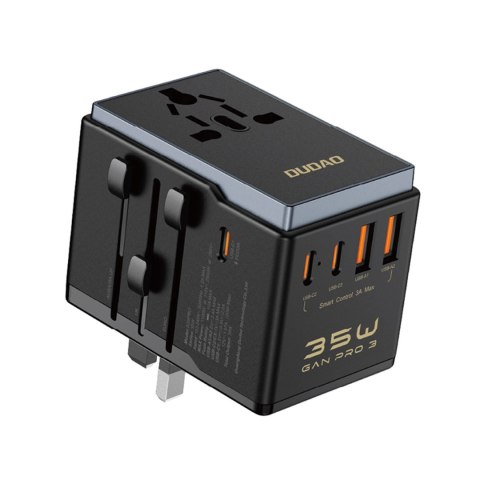 Adapter podróżny Dudao A35Pro 35W EU / UK / AUS / US / JP 3x USB-C 2x USB-A - czarny Adapter podróżny Dudao A35Pro 35W EU / UK / AUS / US / JP 3x USB-C 2x USB-A - czarny