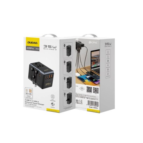 Adapter podróżny Dudao A35Pro 35W EU / UK / AUS / US / JP 3x USB-C 2x USB-A - czarny Adapter podróżny Dudao A35Pro 35W EU / UK / AUS / US / JP 3x USB-C 2x USB-A - czarny