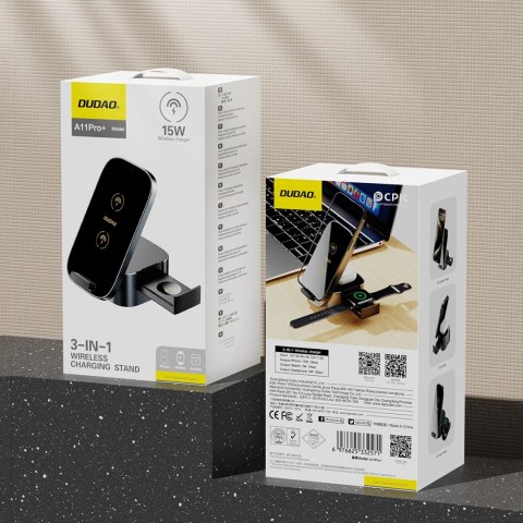 Ładowarka Dudao A11Pro+ indukcyjna 15W 3w1 do telefonu / smartwatcha / słuchawek - czarna Ładowarka Dudao A11Pro+ indukcyjna 15W 3w1 do telefonu / smartwatcha / słuchawek - czarna