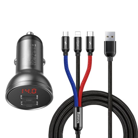 Baseus ładowarka samochodowa 2x USB 4,8A 24W z LCD + kabel 3w1 USB - USB Typ C / micro USB / Lightning 1,2m czarny (TZCCBX-0G) Baseus ładowarka samochodowa 2x USB 4,8A 24W z LCD + kabel 3w1 USB - USB Typ C / micro USB / Lightning 1,2m czarny (TZCCBX-0G)