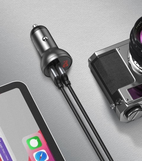 Baseus ładowarka samochodowa 2x USB 4,8A 24W z LCD + kabel 3w1 USB - USB Typ C / micro USB / Lightning 1,2m czarny (TZCCBX-0G) Baseus ładowarka samochodowa 2x USB 4,8A 24W z LCD + kabel 3w1 USB - USB Typ C / micro USB / Lightning 1,2m czarny (TZCCBX-0G)