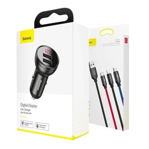 Baseus ładowarka samochodowa 2x USB 4,8A 24W z LCD + kabel 3w1 USB - USB Typ C / micro USB / Lightning 1,2m czarny (TZCCBX-0G) Baseus ładowarka samochodowa 2x USB 4,8A 24W z LCD + kabel 3w1 USB - USB Typ C / micro USB / Lightning 1,2m czarny (TZCCBX-0G)
