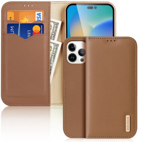 Dux Ducis Hivo skórzane etui z klapką pokrowiec ze skóry naturalnej portfel na karty i dokumenty iPhone 14 Pro Max brązowy Dux Ducis Hivo skórzane etui z klapką pokrowiec ze skóry naturalnej portfel na karty i dokumenty iPhone 14 Pro Max brązowy