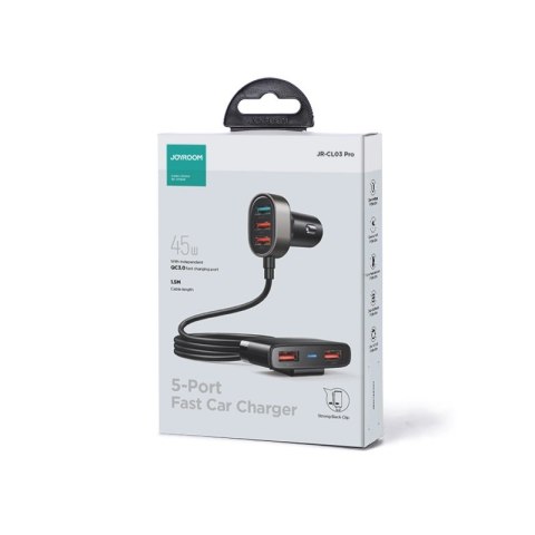 Joyroom szybka ładowarka samochodowa z przedłużaczem 45W 5xUSB-A czarna (JR-CL03 Pro) Joyroom szybka ładowarka samochodowa z przedłużaczem 45W 5xUSB-A czarna (JR-CL03 Pro)
