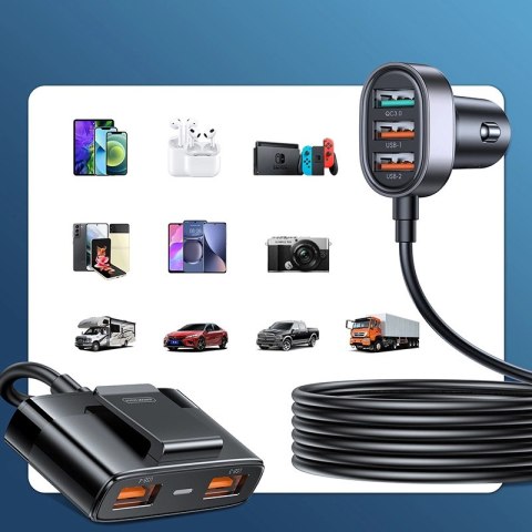 Joyroom szybka ładowarka samochodowa z przedłużaczem 45W 5xUSB-A czarna (JR-CL03 Pro) Joyroom szybka ładowarka samochodowa z przedłużaczem 45W 5xUSB-A czarna (JR-CL03 Pro)