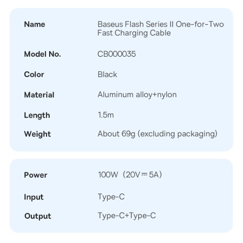 Baseus Flash Series Ⅱ kabel do szybkiego ładowania 2w1 USB-C - 2xUSB-C 100W 1.5m czarny Baseus Flash Series Ⅱ kabel do szybkiego ładowania 2w1 USB-C - 2xUSB-C 100W 1.5m czarny