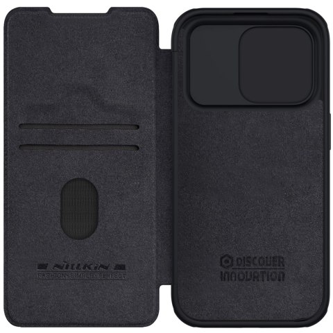 Skórzane etui z klapką osłoną aparatu do iPhone 15 Pro Max Nillkin Qin Pro Leather - czarne Skórzane etui z klapką osłoną aparatu do iPhone 15 Pro Max Nillkin Qin Pro Leather - czarne