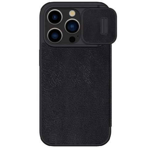 Skórzane etui z klapką osłoną aparatu do iPhone 15 Pro Max Nillkin Qin Pro Leather - czarne Skórzane etui z klapką osłoną aparatu do iPhone 15 Pro Max Nillkin Qin Pro Leather - czarne