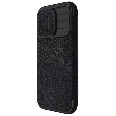 Skórzane etui z klapką osłoną aparatu do iPhone 15 Pro Max Nillkin Qin Pro Leather - czarne Skórzane etui z klapką osłoną aparatu do iPhone 15 Pro Max Nillkin Qin Pro Leather - czarne