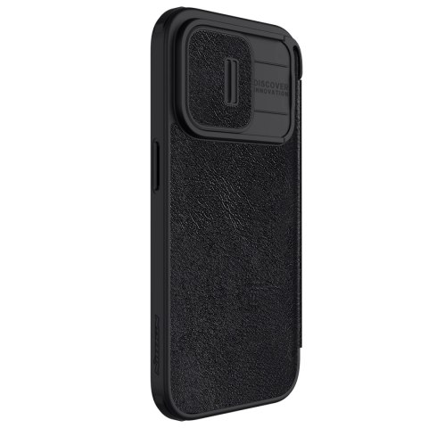Skórzane etui z klapką osłoną aparatu do iPhone 15 Pro Max Nillkin Qin Pro Leather - czarne Skórzane etui z klapką osłoną aparatu do iPhone 15 Pro Max Nillkin Qin Pro Leather - czarne