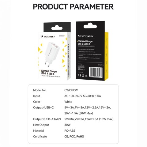 Ładowarka sieciowa Wozinsky CWCUCW 30W USB-C / 2 x USB-A - biała Ładowarka sieciowa Wozinsky CWCUCW 30W USB-C / 2 x USB-A - biała
