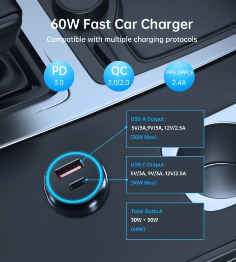 Ładowarka samochodowa Choetech TC0014 USB-C USB-A PD 60W z podświetleniem LED - czarna Ładowarka samochodowa Choetech TC0014 USB-C USB-A PD 60W z podświetleniem LED - czarna