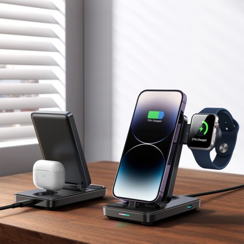 Stacja ładująca 4w1 Joyroom JR-WQS02 iPhone AirPods Apple Watch składana - czarna Stacja ładująca 4w1 Joyroom JR-WQS02 iPhone AirPods Apple Watch składana - czarna