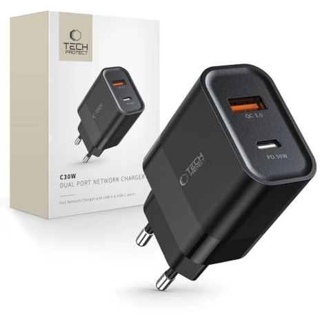 Ładowarka Tech-Protect C30W sieciowa USB-C PD 30W / USB-A QC 3.0 - czarna Ładowarka Tech-Protect C30W sieciowa USB-C PD 30W / USB-A QC 3.0 - czarna
